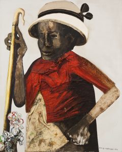 Painting and fabric collage depicting a Black woman in a red shirt with her proper left hand resting at her waist while holding a tall staff in her proper right hand. Flowers are seen in the bottom left of the painting