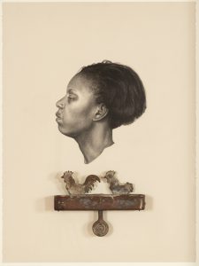 WHITFIELD LOVELL (American, born 1959), Kin XLVI (Follie), 2011, Conte crayon drawing on paper, shooting gallery target, 30 x 22 1/4 x 2 in. (76.2 x 56.52 x 5.08 cm), Museum Purchase, Greenacres Acquisition Fund and Collectors Collaborative, 2019.44. © Whitfield Lovell. Courtesy of DC Moore Gallery, New York