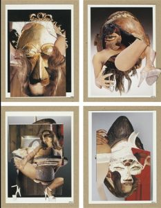 Fragmentations of female body parts in provocative positions layered on top of images of African masks.