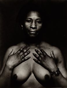 William Witt, Black Nude Hands On Chest, 1941, Printed in 1950’s, Early gelatin silver print on paper, 14 x 11 in., Bowdoin College Museum of Art, Gift of Jon and Nicole Ungar 2016.46.219