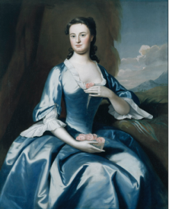 Robert Feke, Portrait of Mrs. James Bowdoin II (née Elizabeth Erving), 1748, 127.95 cm x 102.87 cm, oil on canvas, Bowdoin College Museum of Art.