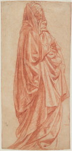 Marcello Venusti, Standing Draped Woman, 1512-1579, 27.8 cm x 12.9 cm, red and black chalk on paper, Bowdoin College Museum of Art.