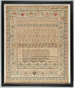 Martha Bush/ Martha Cleaveland, Marking Sampler, 52.07 x 41.91 cm, silk thread on linen foundation, Bowdoin College Museum of Art