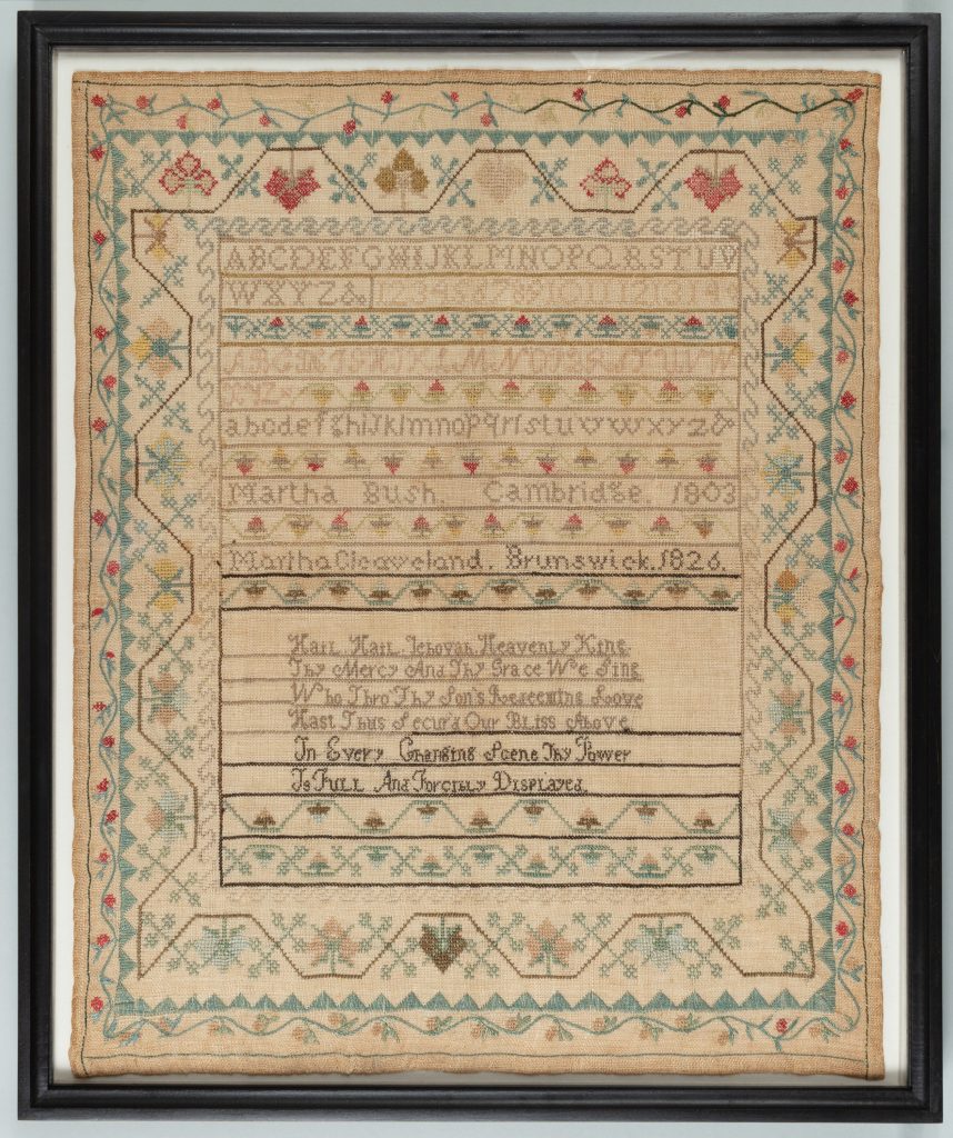 Martha Bush/ Martha Cleaveland, Marking Sampler, 52.07 x 41.91 cm, silk thread on linen foundation, Bowdoin College Museum of Art