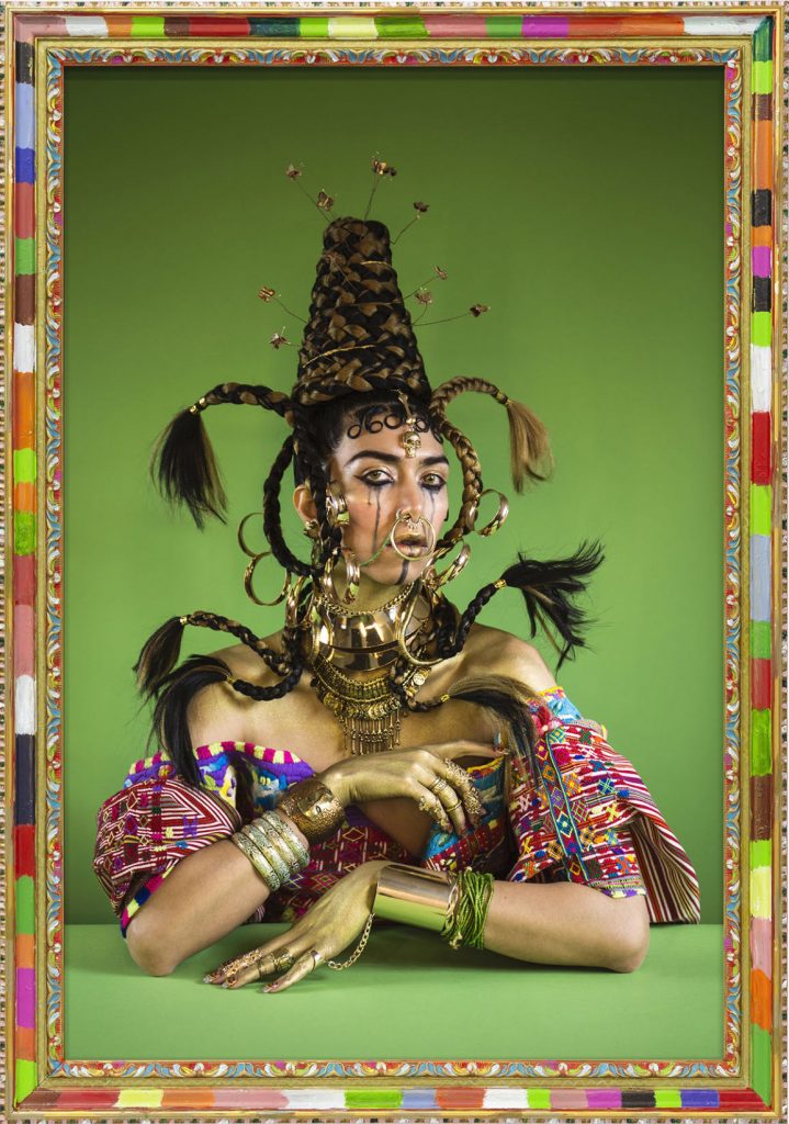 Martine Gutierrez, Demons, Tlazoteotl 'Eater of Filth,' p92 from Indigenous Woman, 2018, 105.41 cm x 72.39 cm x 3.81 cm, C-print mounted on Sintra, hand-painted artist frame, Bowdoin College Museum of Art.