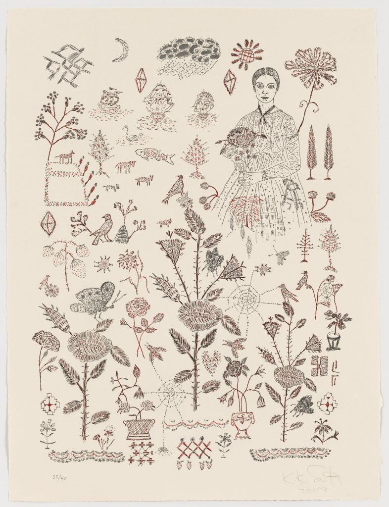 Kiki Smith, Sampler, 2007, 61.12 cm x 45.56 cm, photo relief etching on paper, Bowdoin College Museum of Art.