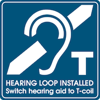 Logo indicating a hearing loop is available in the room and to switch hearing aid to Tcoil