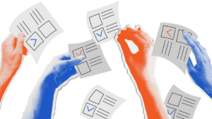 Image of red and blue hands checking a box on a piece of paper.