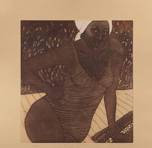 EMMA AMOS (American, 1937-2020), Pool Lady, 1980, etching, aquatint, and styrene stencil, 23 ¼ x 21 ¼ in. (59.06 x 53.98 cm), Museum Purchase, Barbara Cooney Porter Fund, 2021.13. © Emma Amos; Courtesy RYAN LEE Gallery, New York. Digital reproduction by Sean Burrus