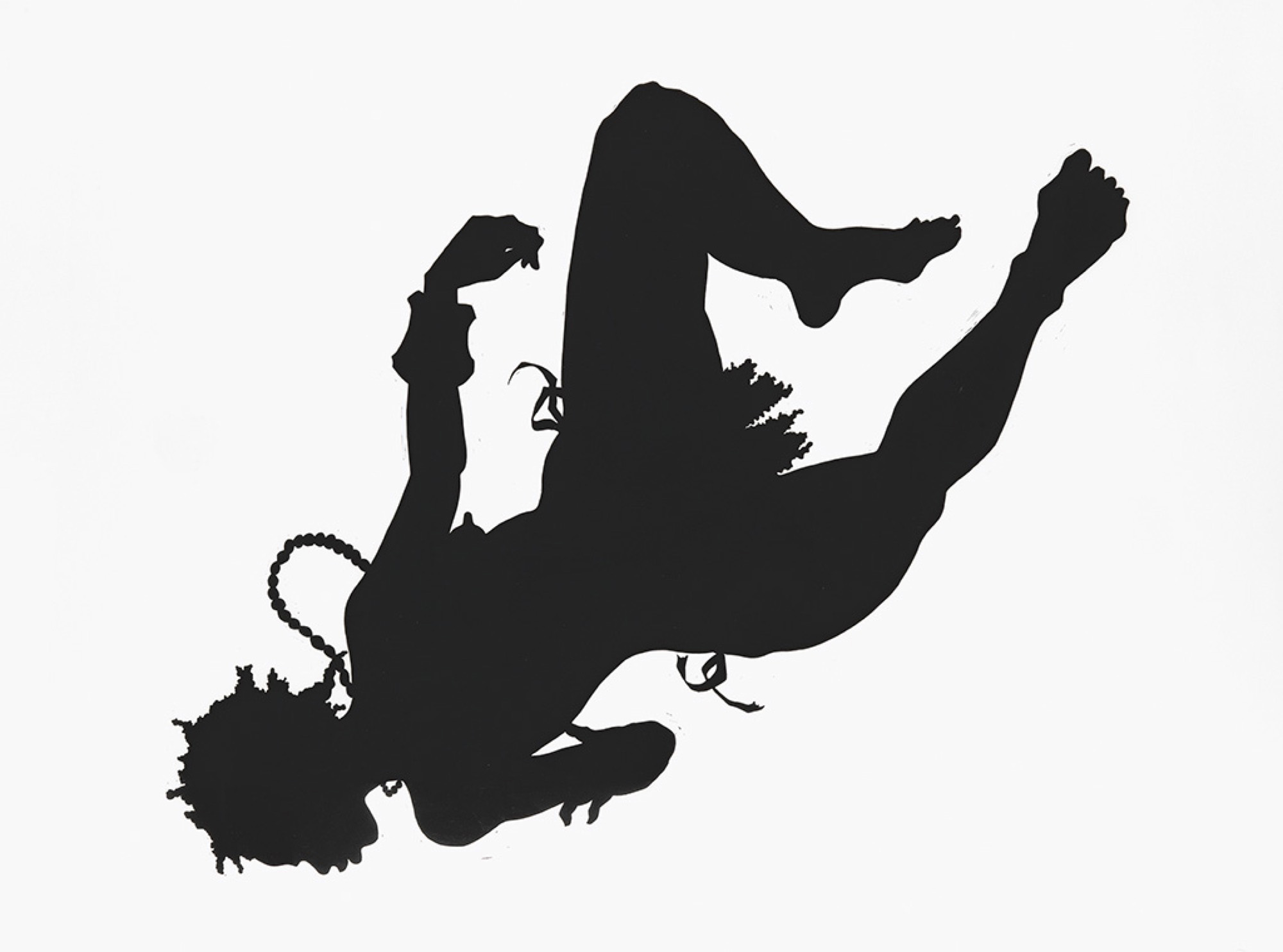 Linoleum cut image of a silhouetted woman of African descent free falling upside down while wearing a necklace, cuff bracelet, and what appears to be a loin cloth or pubic hair
