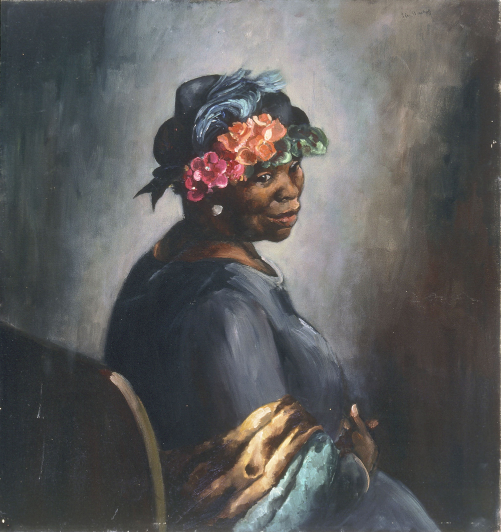Painted portrait of a smiling Black woman seated in a curved chair wearing a blue dress, a gold and blue shawl, and a blue hat with flowers and a feather in the front