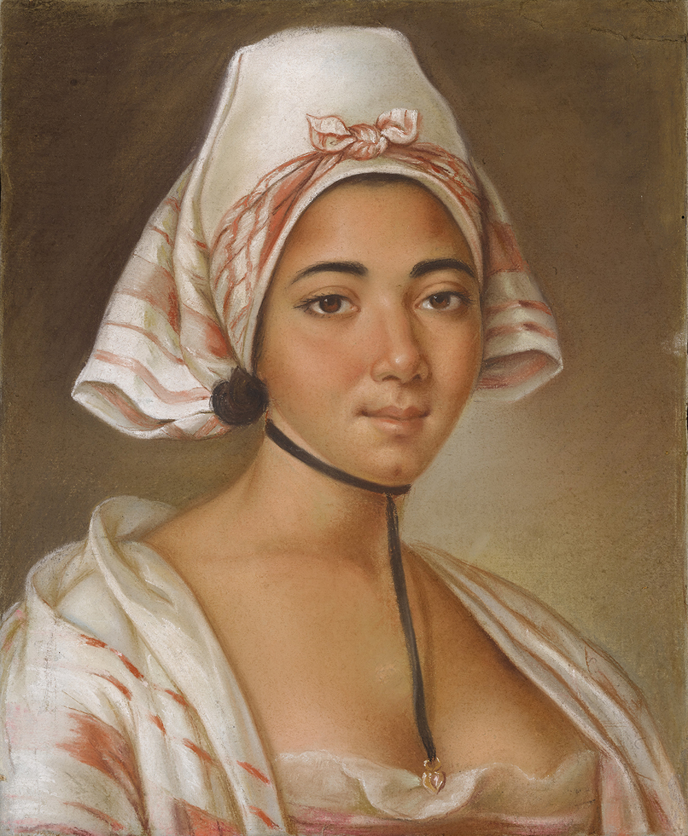 Pastel portrait of a light-skinned, biracial woman wearing a choker and pink-and-white striped shawl and tied headdress