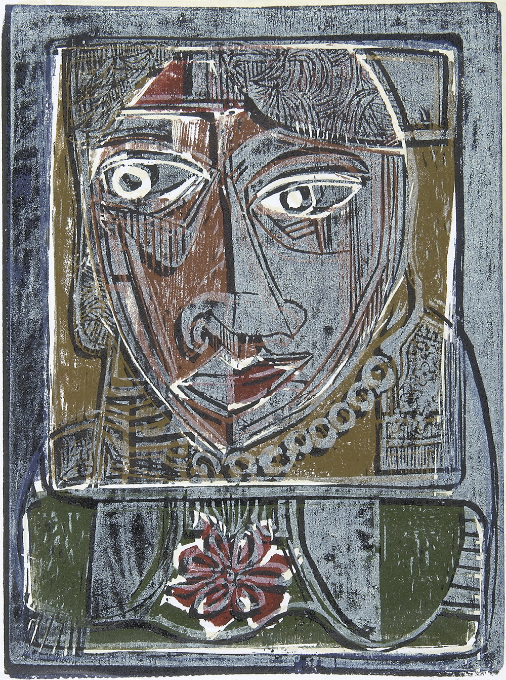 An abstract color woodcut of a woman from Benin, looking to the side, with a broad nose and big lips, wearing a necklace and a flower