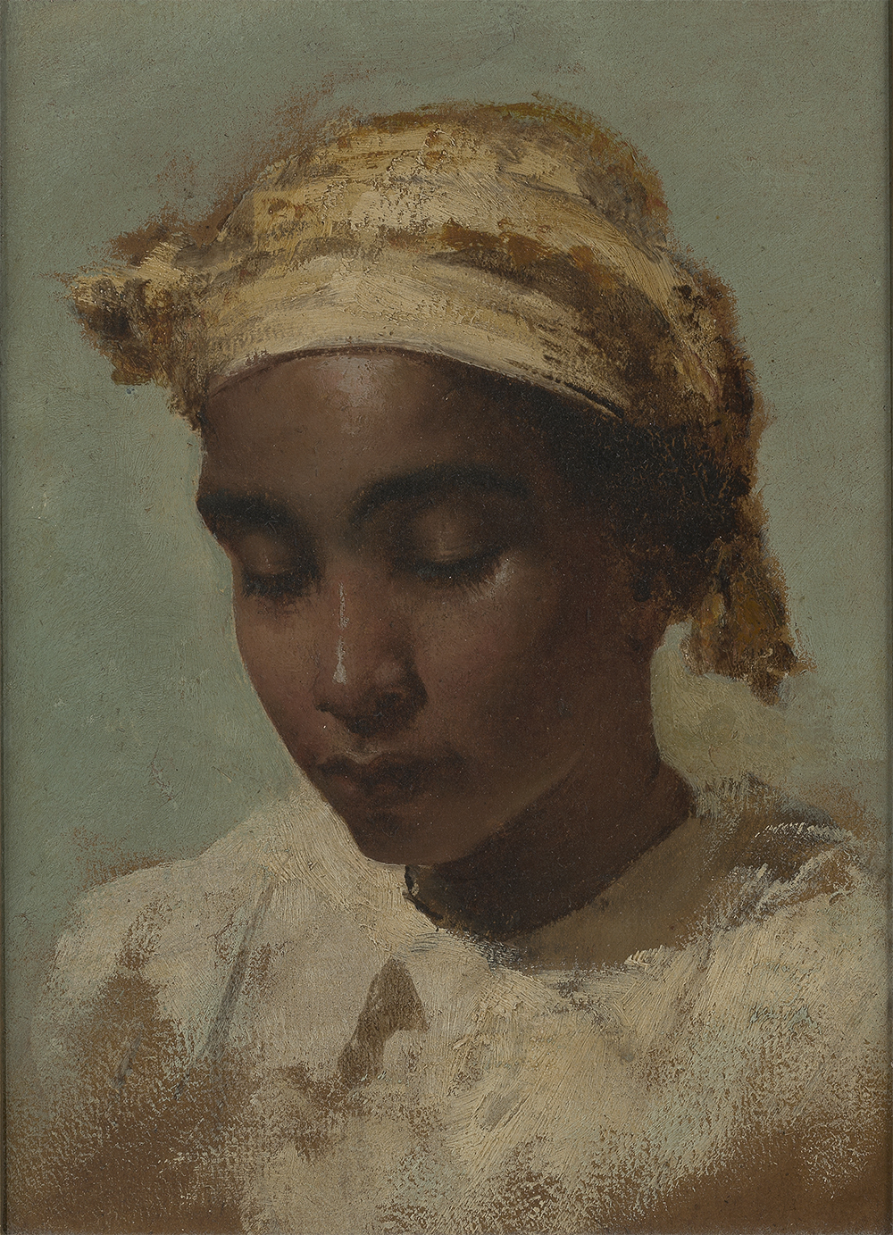 Painted portrait of a young girl of African descent gazing down and wearing a tied yellow fabric headwrap