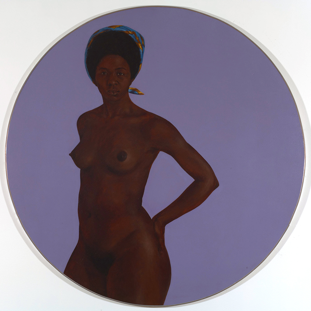 Painted portrait of a nude Black woman standing with a hand on her proper left hip gazing at the viewer, situated against a circular lavender background