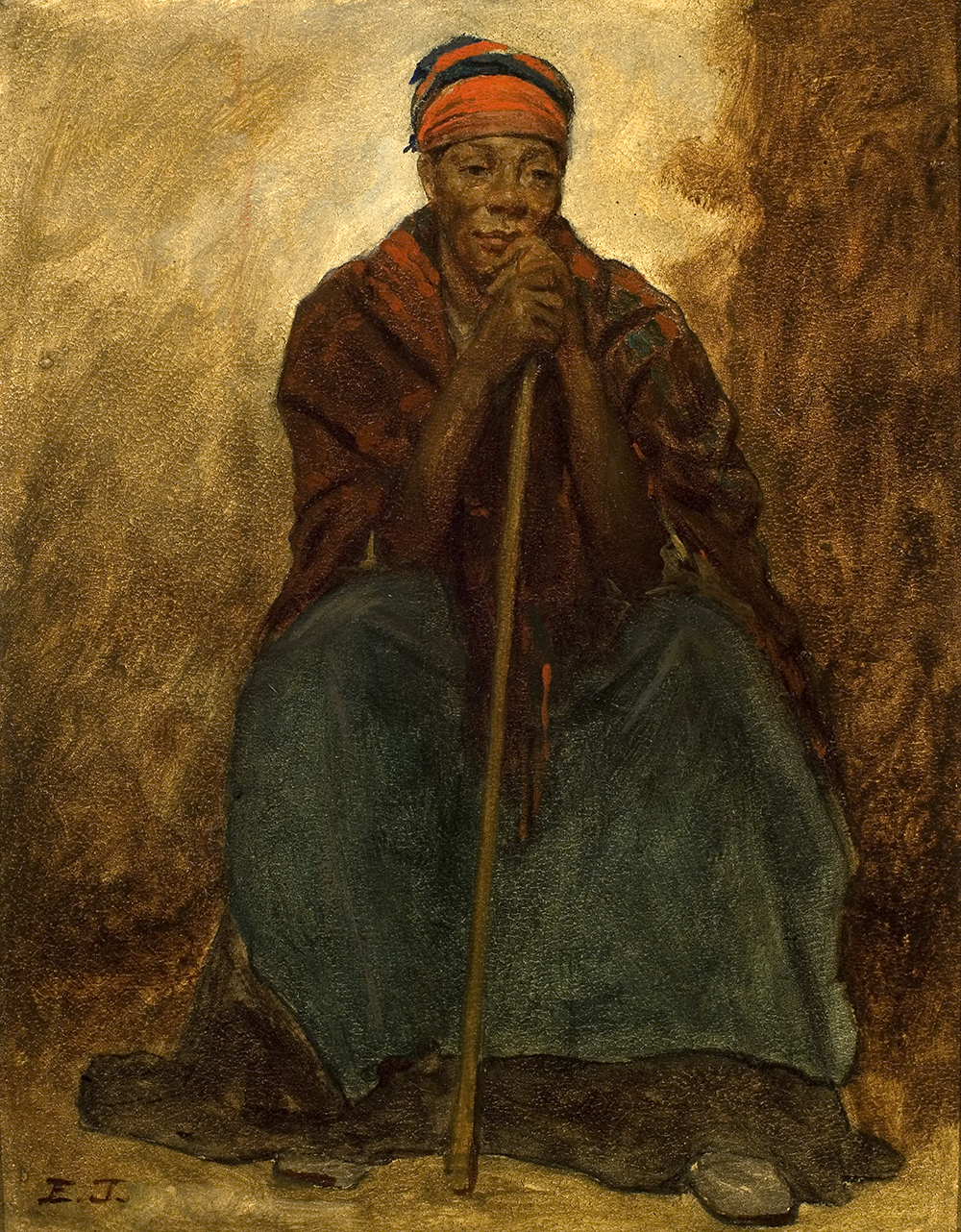 Painted portrait of an enslaved Black woman with a pensive expression, sitting and holding a staff