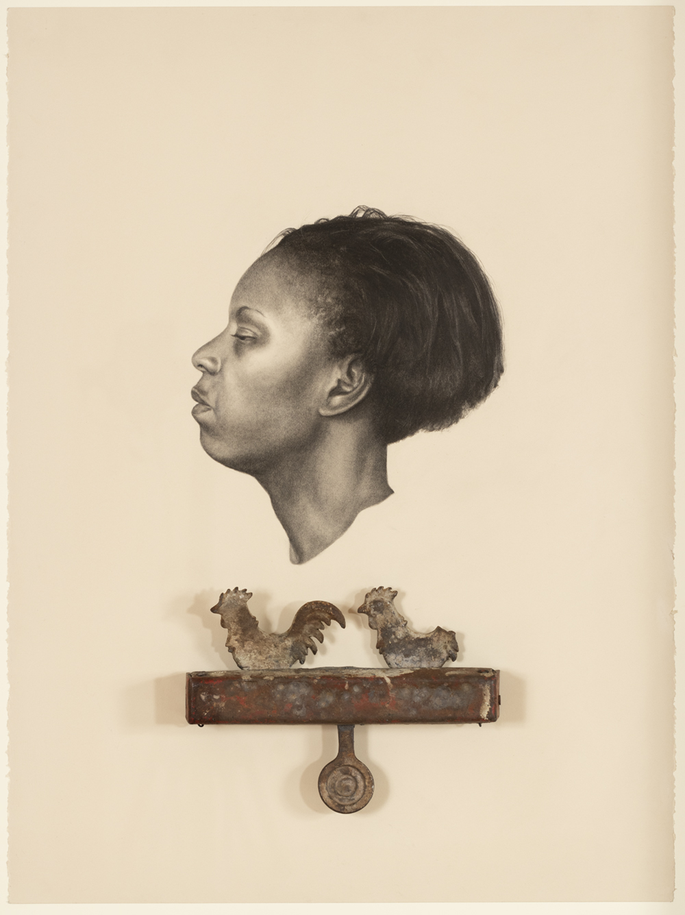 Drawing of a Black woman’s face in profile wearing a stoic expression. The face hovers above a rusted and worn shooting gallery target with two crows on top of the target’s bar