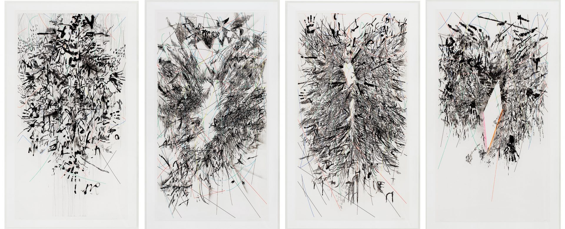 Four abstract drawings featuring black and white lines and various shapes, black handprints, and colored lines, all on a white background