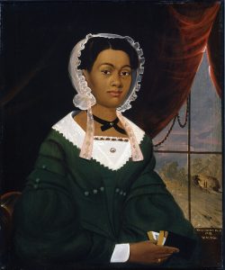 Painted portrait of Mrs. Nancy Lawson, a Black woman wearing an untied lace cap, black ribbon necklace, and a fancy dress while holding a book. She is seated against burgundy velvet curtains with a window looking out to a pastoral landscape