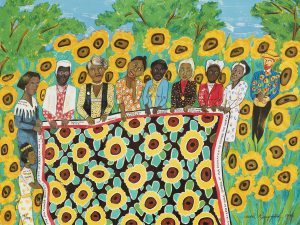 Lithograph of historical figures Madam CJ Walker, Sojourner Truth, Ida B. Wells, Fannie Lou Hamer, Harriet Tubman, Rosa Parks, and Mary McLeod Bethune join fictional character Willia Marie Simone around a quilt depicting sunflowers, while standing in a garden full of sunflowers. Vincent Van Gogh stands behind the women carrying a vase of flowers