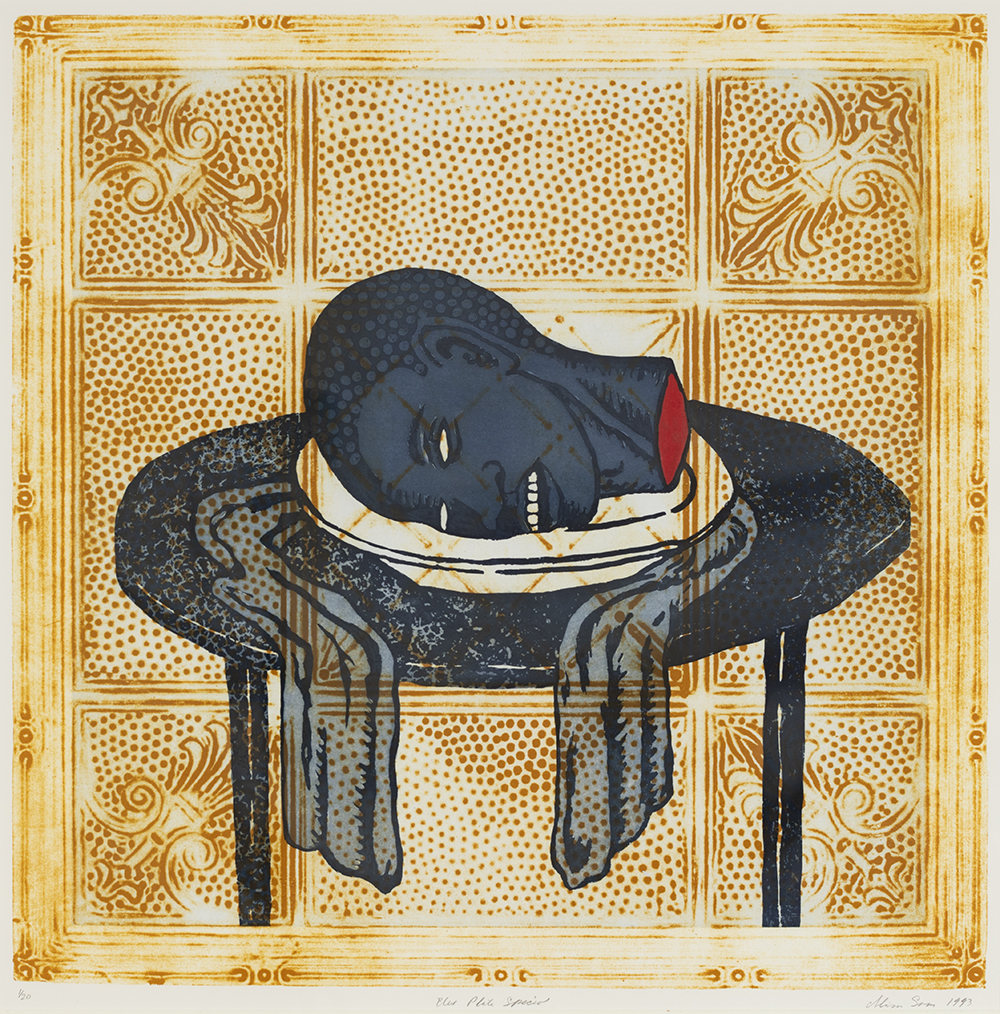 Lithograph with background image of an aluminum ceiling tile with a dark blue printed round table. On top of the table rests a severed head on a charger dish with cloth draped around it