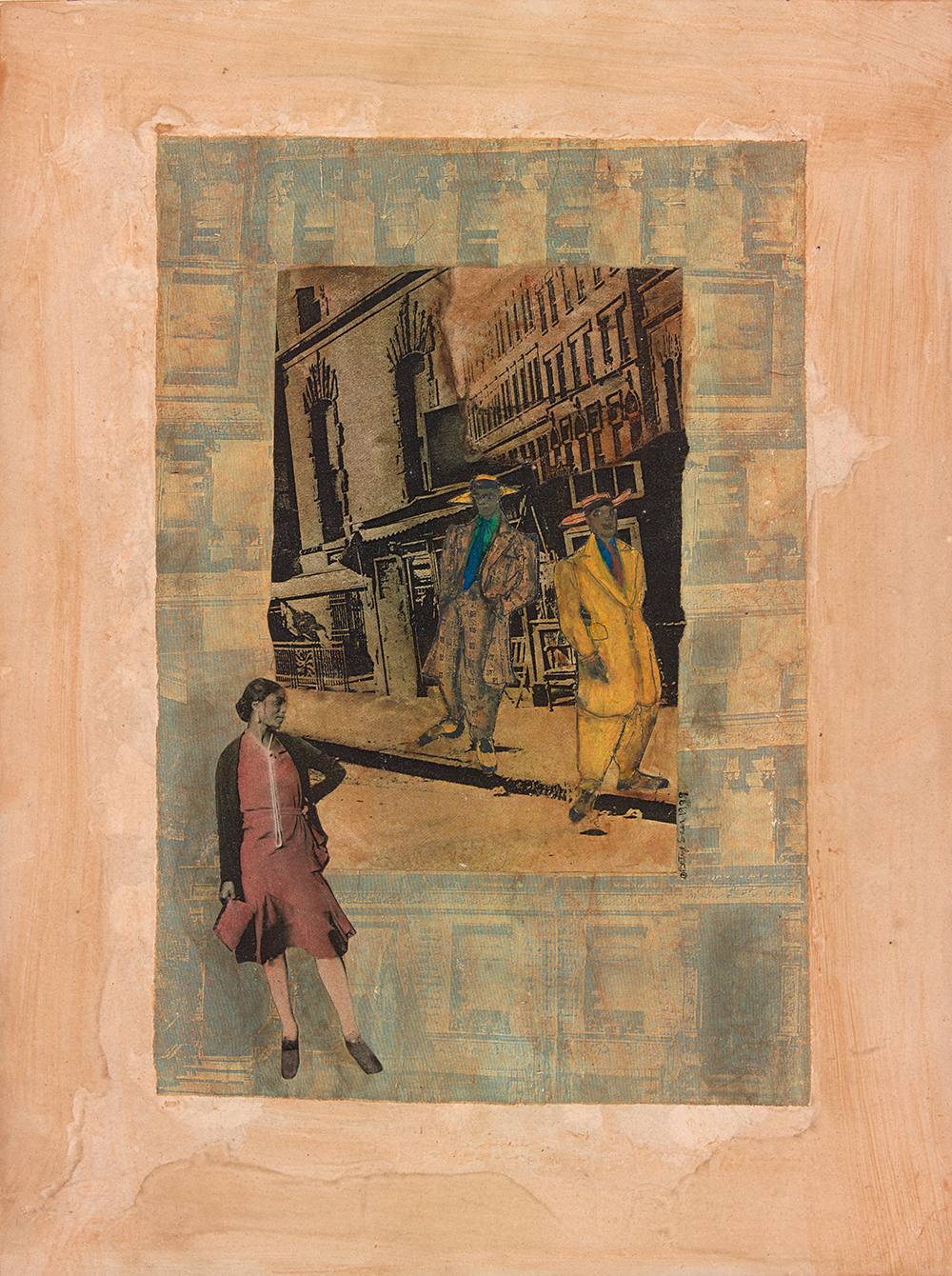 Mixed media collage with a frame image of two Black men wearing zoot suits standing on the sidewalk of Harlem with brownstones and tenement buildings in the background. A Black woman with a pink dress and hand on her proper left hip stands out of the frame
