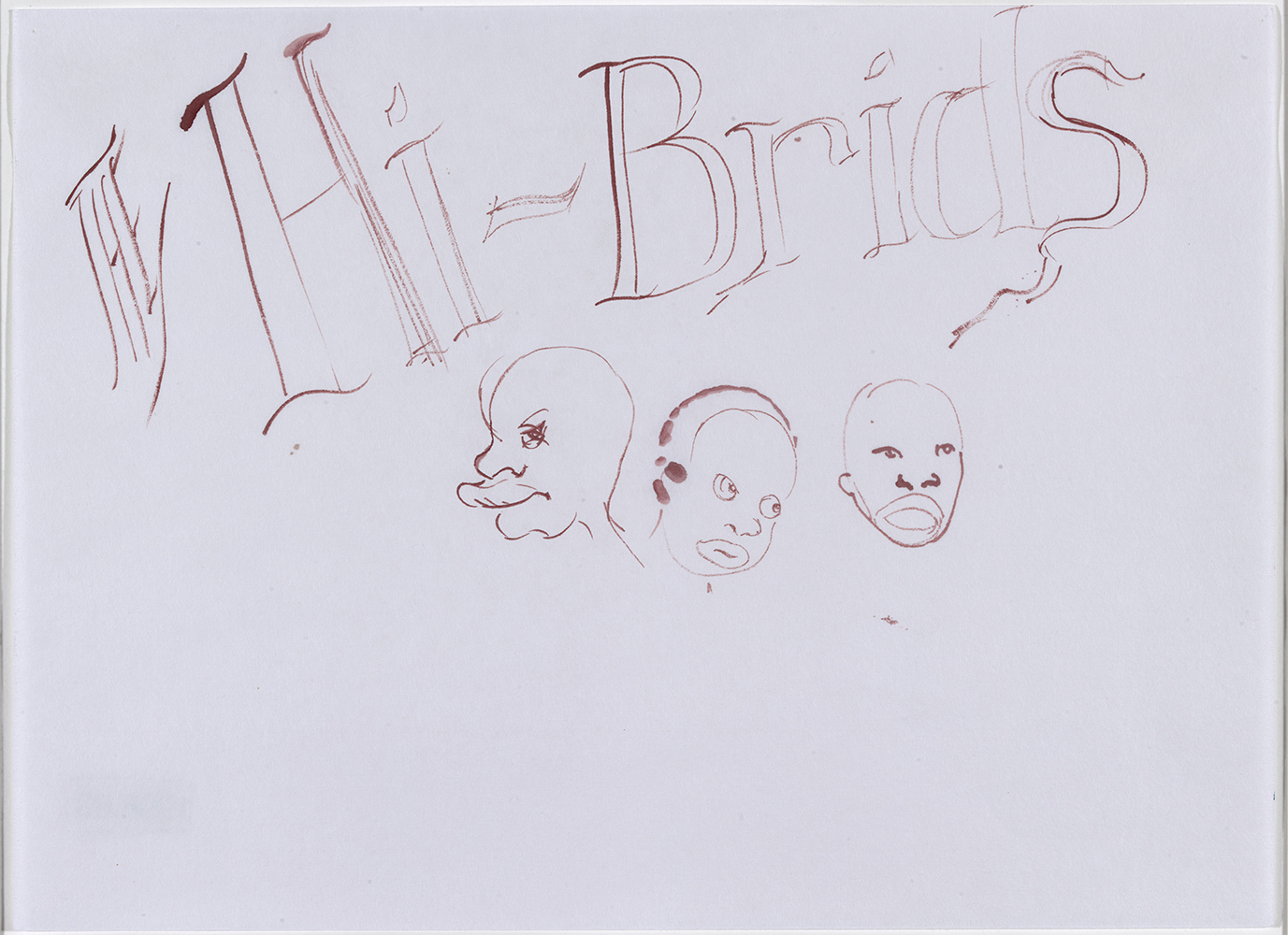 Gouache drawing with the title “The Hi-Brids” written at the with three figures of African descent pictured below with broad noses and big lips