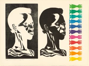 Linoleum cut, woodcut, and screenprint of a positive and negative images of a Black woman in quarter-profile looking stoic. Along the right edge, a vertical rainbow color assortment of women with hands raised