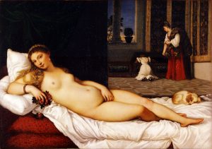 Painting of a white European, nude young woman lying on a bed with crumpled sheets gazing out at the viewer while hiding her pubis with her proper left hand and holding a bunch of roses in her proper right. A sleeping dog lies at the food of the bed. The young woman is situated in an elegant room with two maids searching in a painted chest in the far background