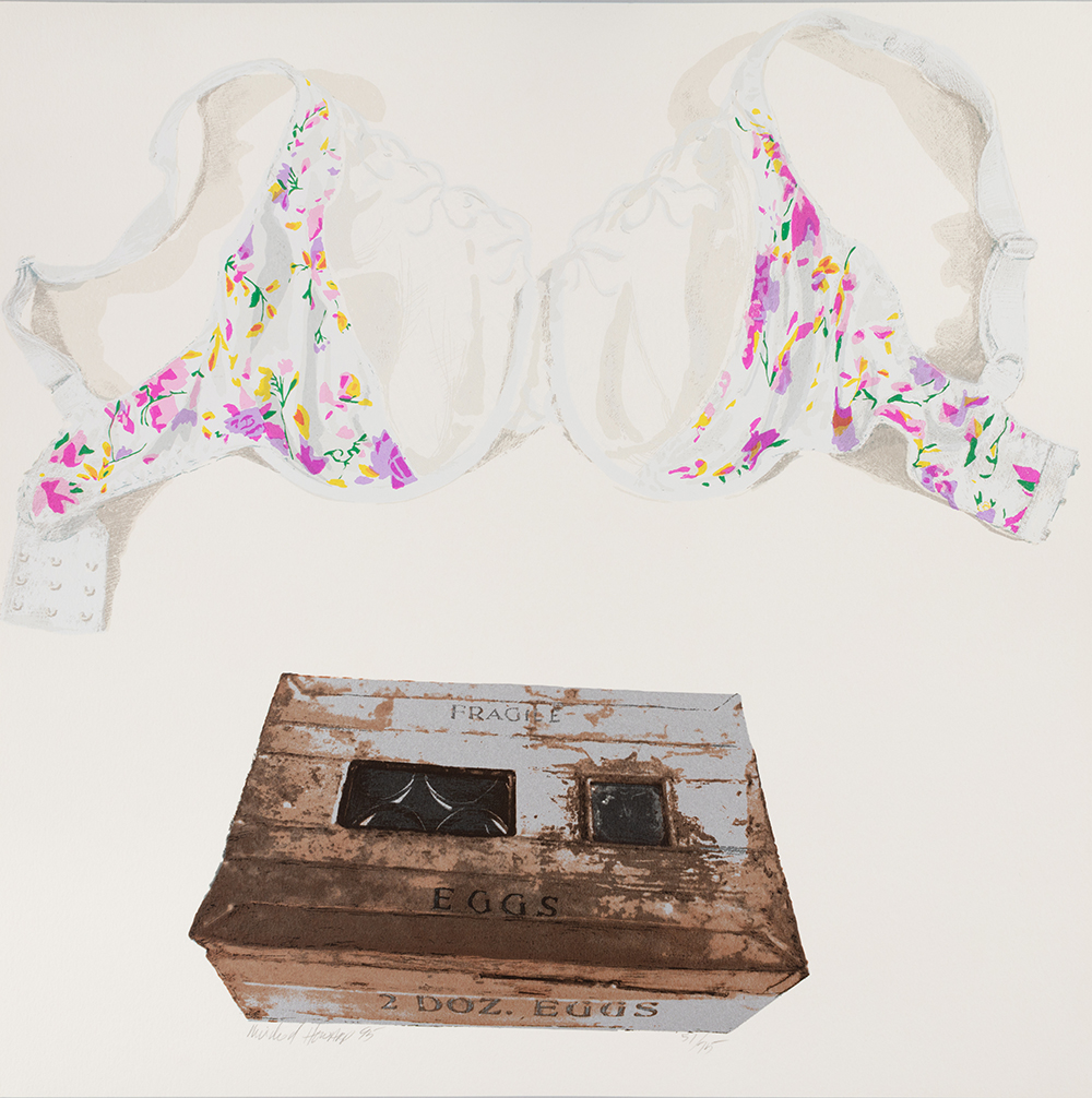Silkscreen print of a large white bra with lace and floral patterns hovering above a brown box full of two dozen fragile eggs