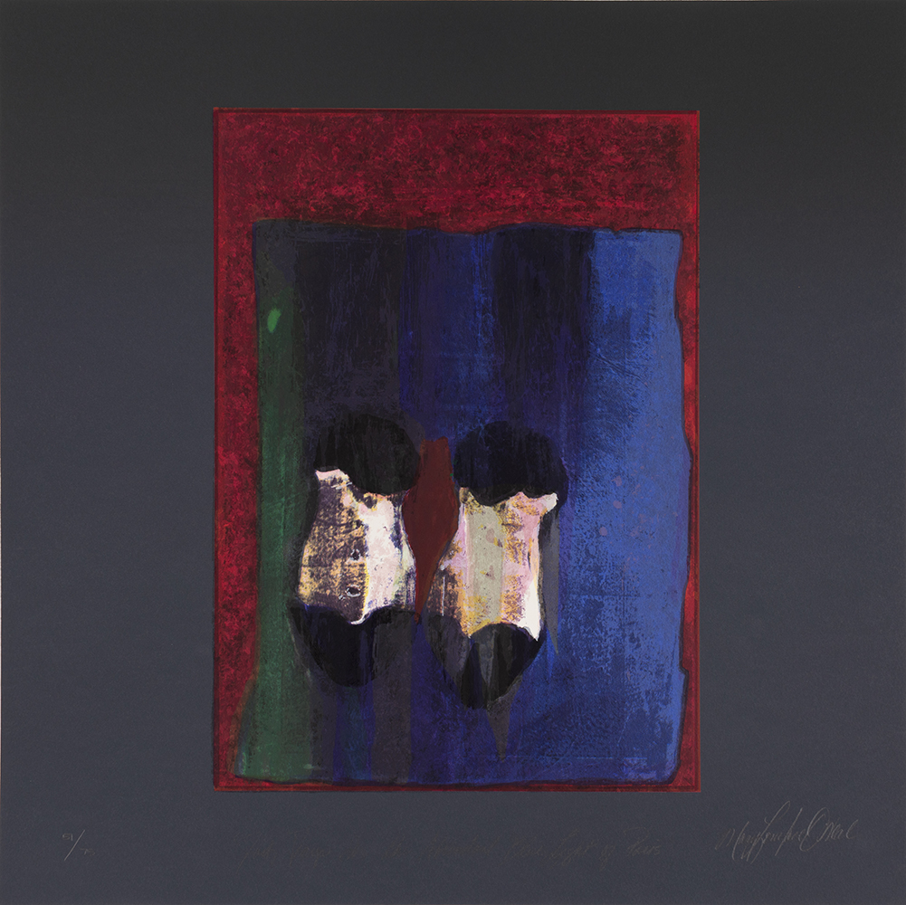 Silkscreen print of layered green, blue, dark red rectangles on black background. Two corseted figures superimposed on the rectangular surfaces