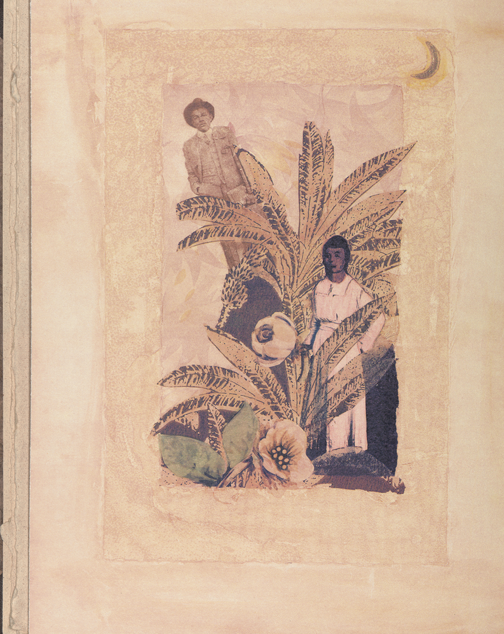 Printed collage of two Black men sprouting from plant foliage, stalks of wheat, and two blooming flowers